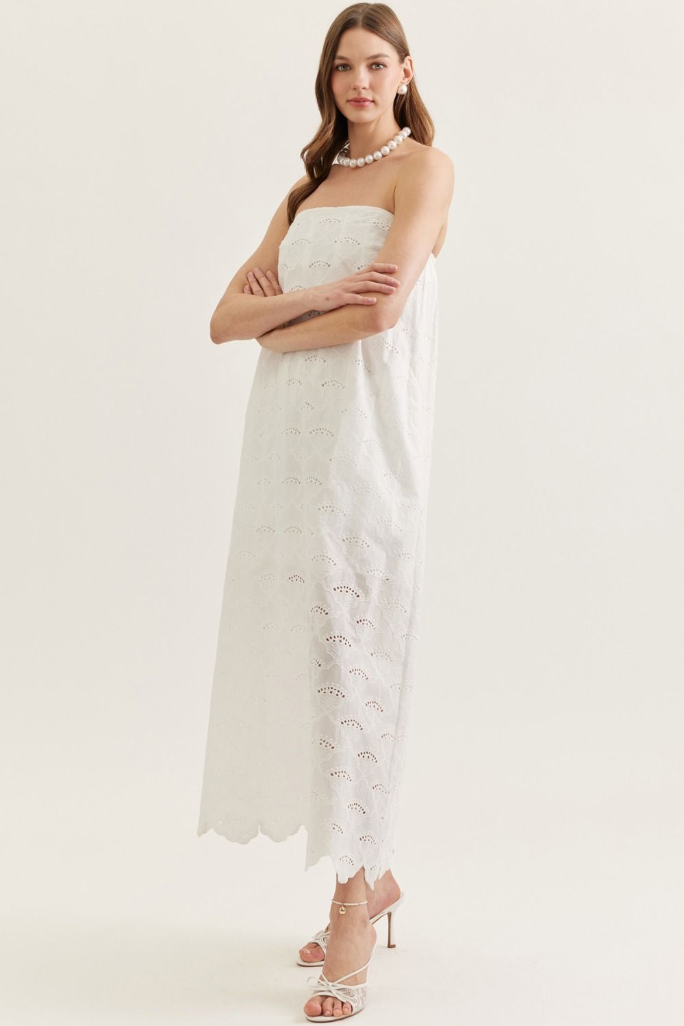 Solid Strapless Lace Dress in White
