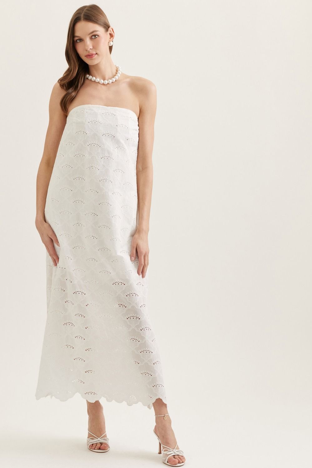 Solid Strapless Lace Dress in White