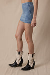 Slim Mini Skirt with Built in Shorts in Denim