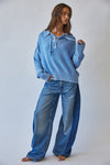 Washed Chunky Knit Lace Up Front Sweater in Blue