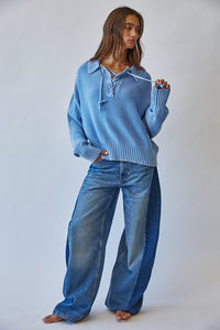 Washed Chunky Knit Lace Up Front Sweater in Blue