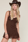 Chocolate Embroidered Elastic Lace Strap Mini Dress