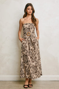 Bali Tropical Print Strapless Belted Maxi Dress