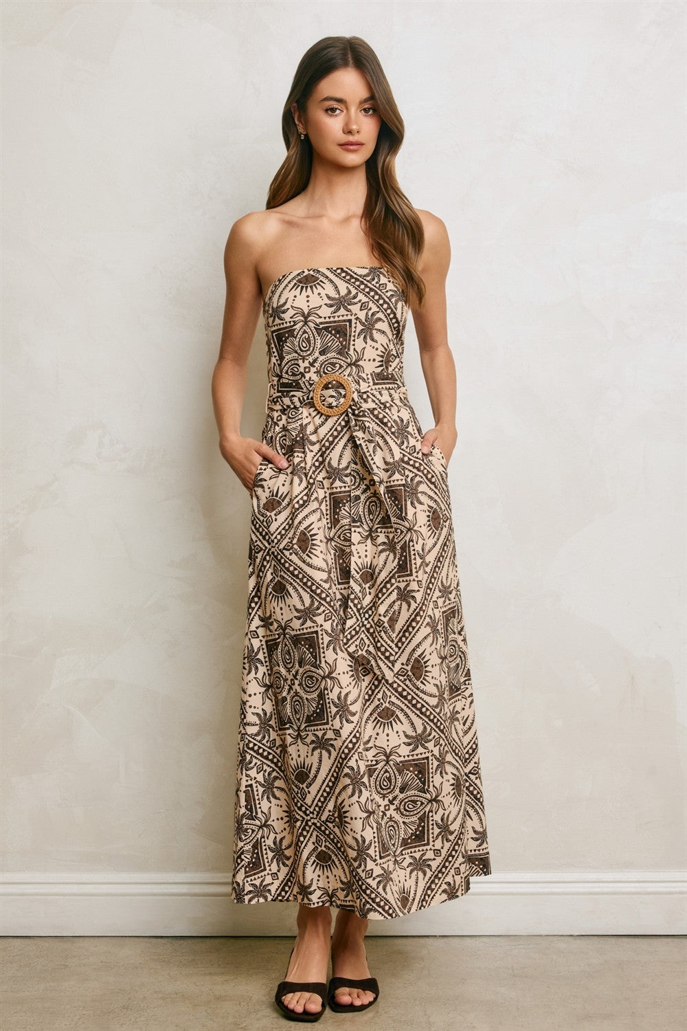 Bali Tropical Print Strapless Belted Maxi Dress