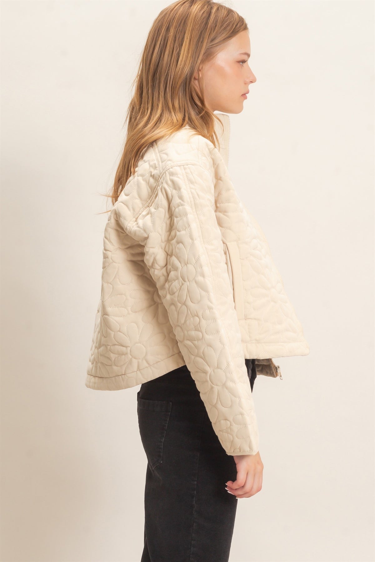 Daisy Quilted Mock Neck Zip Jacket in Cream — back view on model