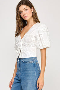 Embroidered Blouse With Tie Front