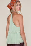 Mesh Solid Color Double Ties Ruffle Top in Sage