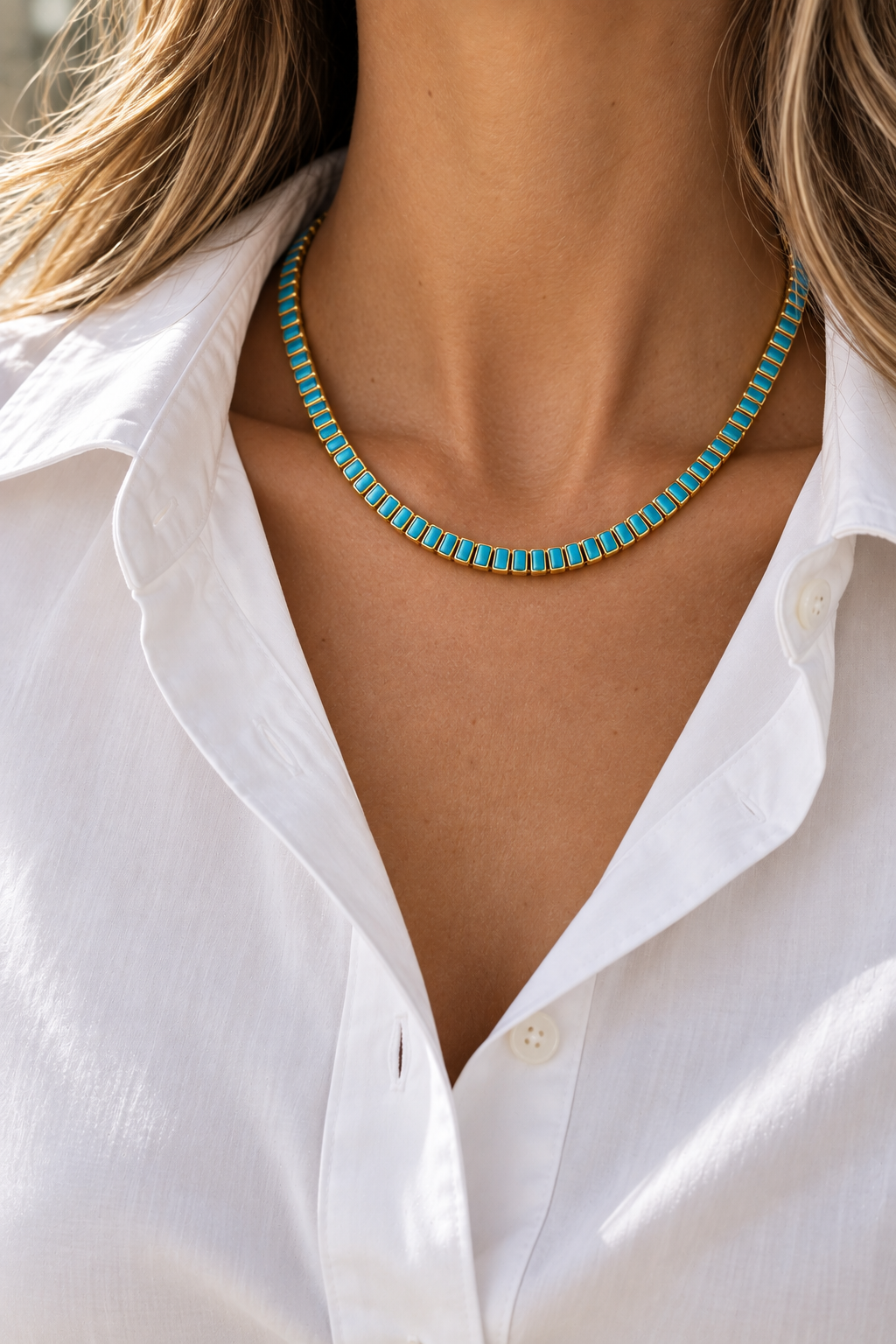 Turquoise baguette style tennis necklace — front view