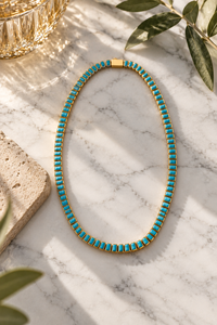 Turquoise baguette style tennis necklace — detail view