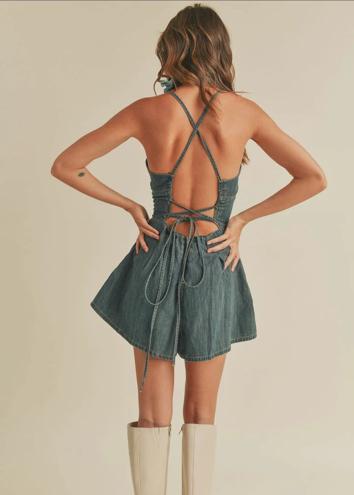 You Spin Me Round Denim Lace Up Romper