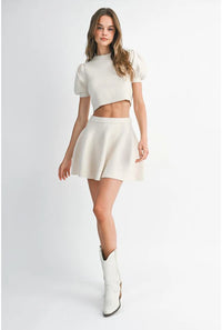 Two Piece Sweater Set Mini Skirt and Cropped Puff Sleeve Sweater