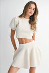 Two Piece Sweater Set Mini Skirt and Cropped Puff Sleeve Sweater