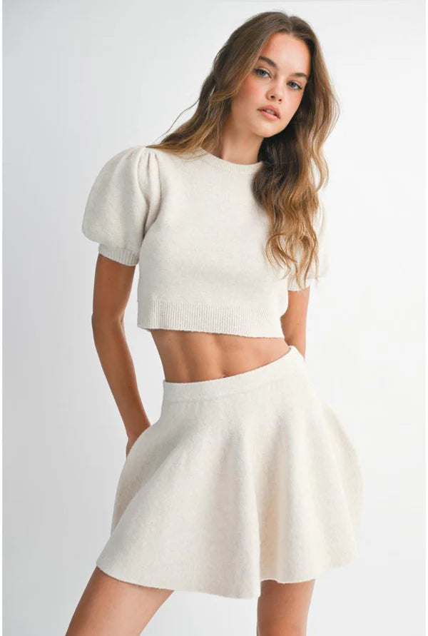 Two Piece Sweater Set Mini Skirt and Cropped Puff Sleeve Sweater