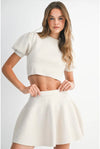 Two Piece Sweater Set Mini Skirt and Cropped Puff Sleeve Sweater