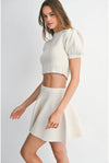 Two Piece Sweater Set Mini Skirt and Cropped Puff Sleeve Sweater