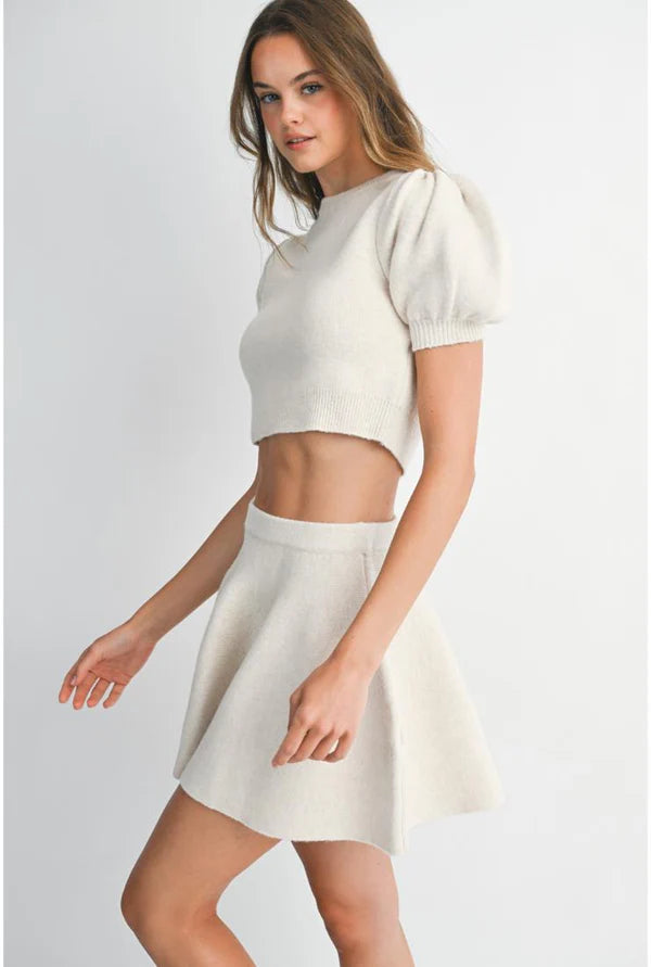 Two Piece Sweater Set Mini Skirt and Cropped Puff Sleeve Sweater