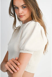Two Piece Sweater Set Mini Skirt and Cropped Puff Sleeve Sweater
