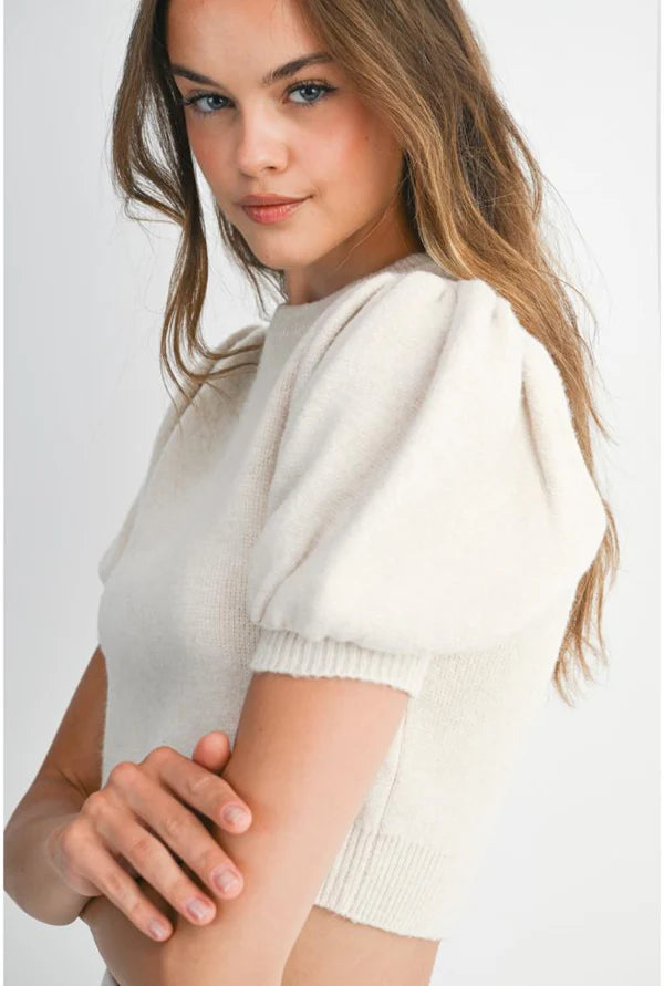 Two Piece Sweater Set Mini Skirt and Cropped Puff Sleeve Sweater