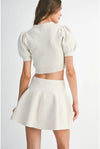 Two Piece Sweater Set Mini Skirt and Cropped Puff Sleeve Sweater
