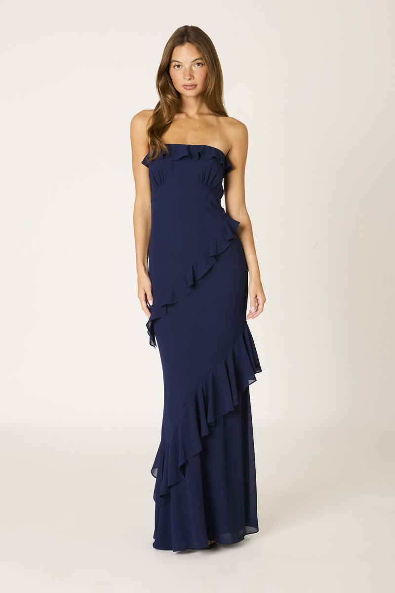 Belle of the Ball Ruffle Maxi Dress in Navy