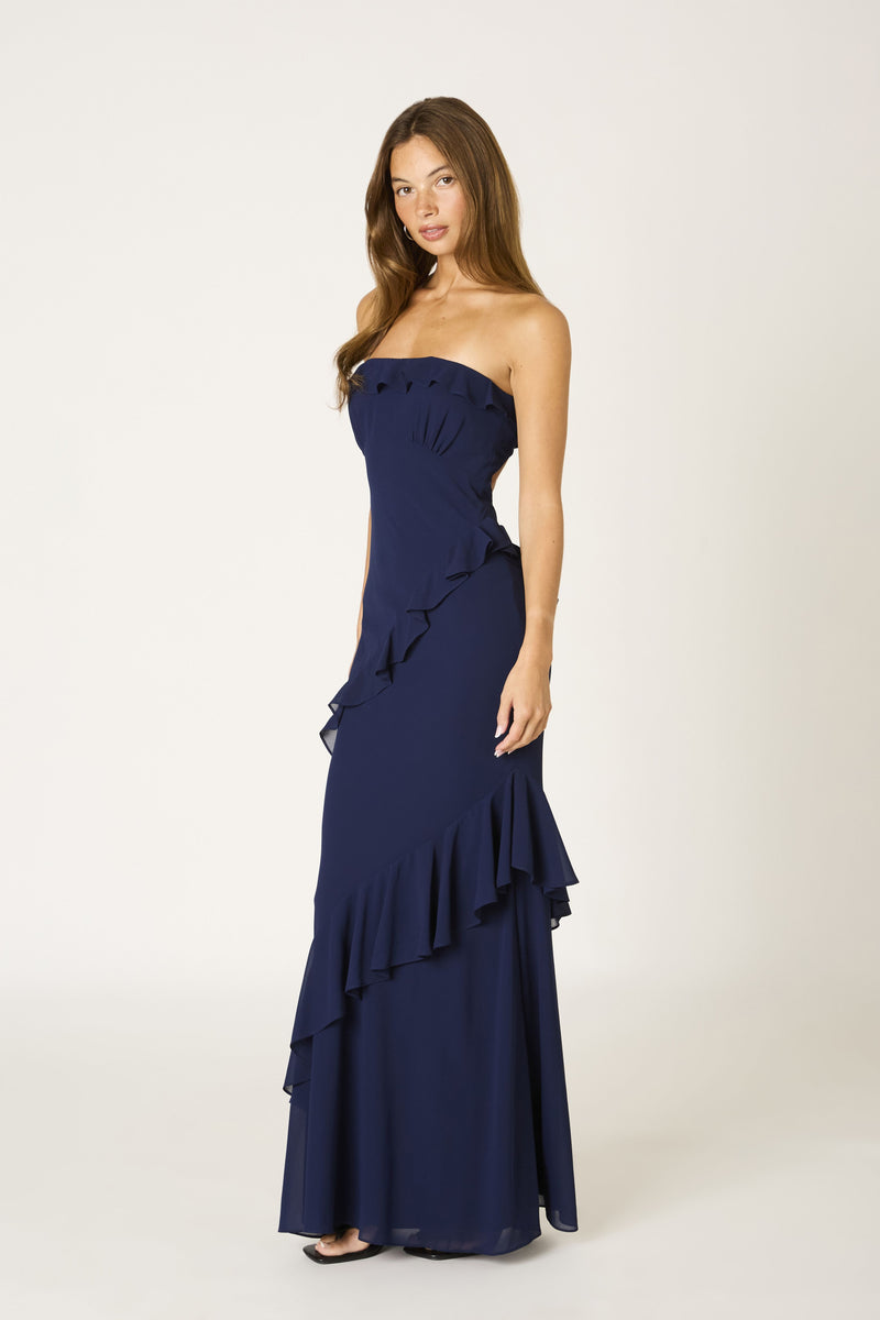 Belle of the Ball Ruffle Maxi Dress in Navy