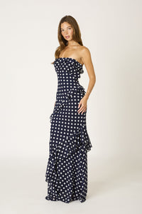 Primrose Polka Dot Ruffle Strapless Maxi Dress