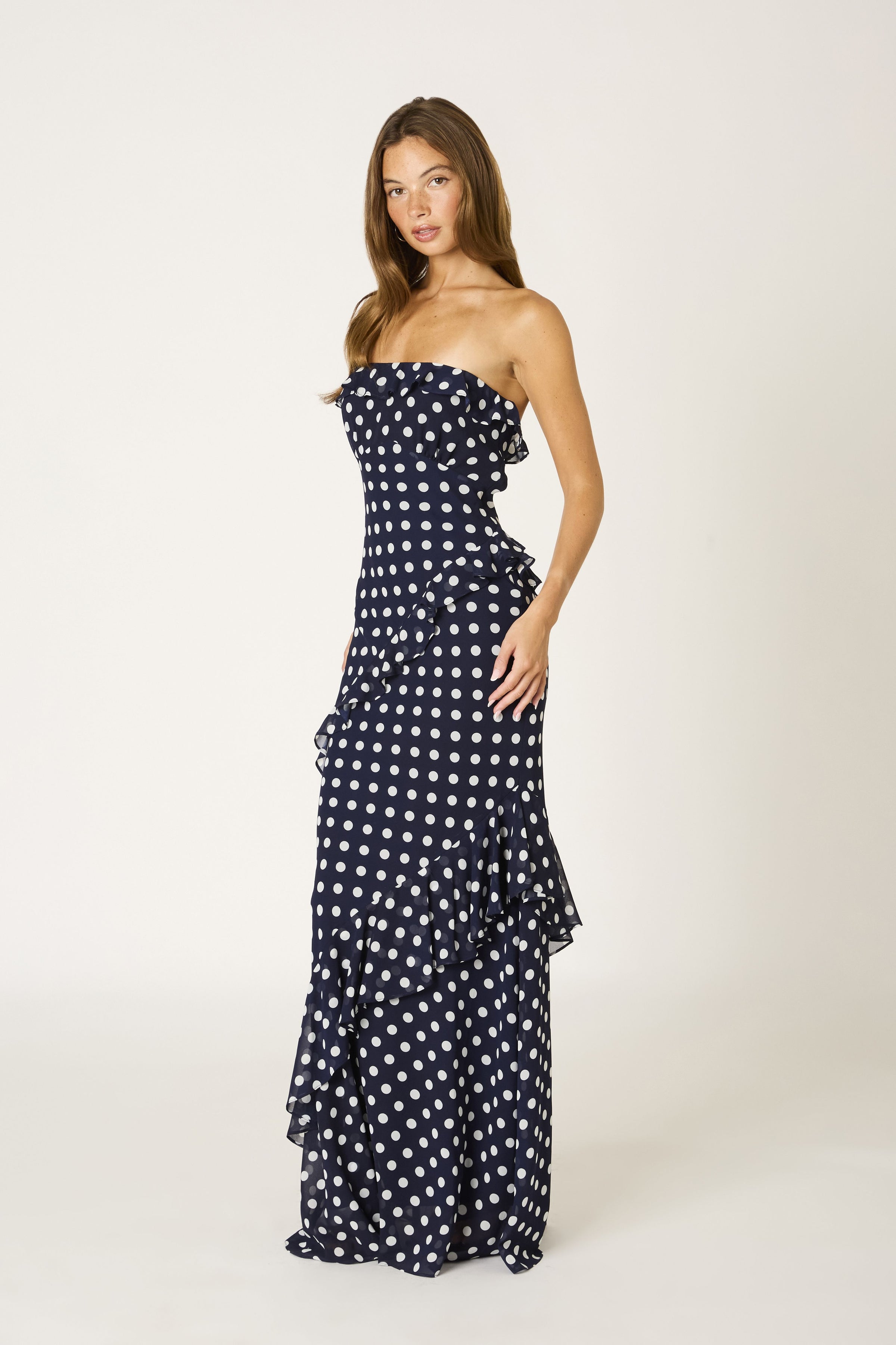 Primrose Polka Dot Ruffle Strapless Maxi Dress