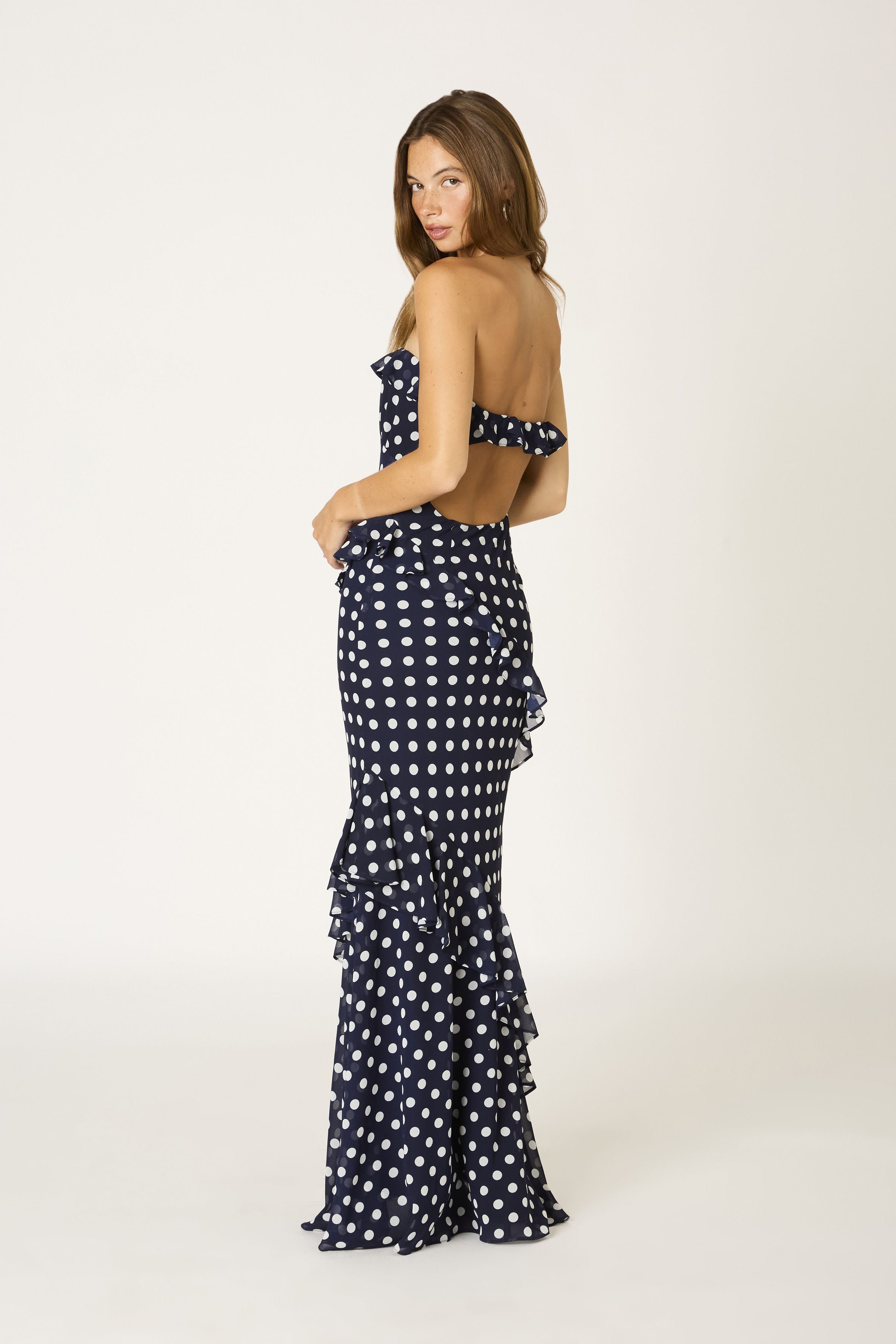 Primrose Polka Dot Ruffle Strapless Maxi Dress